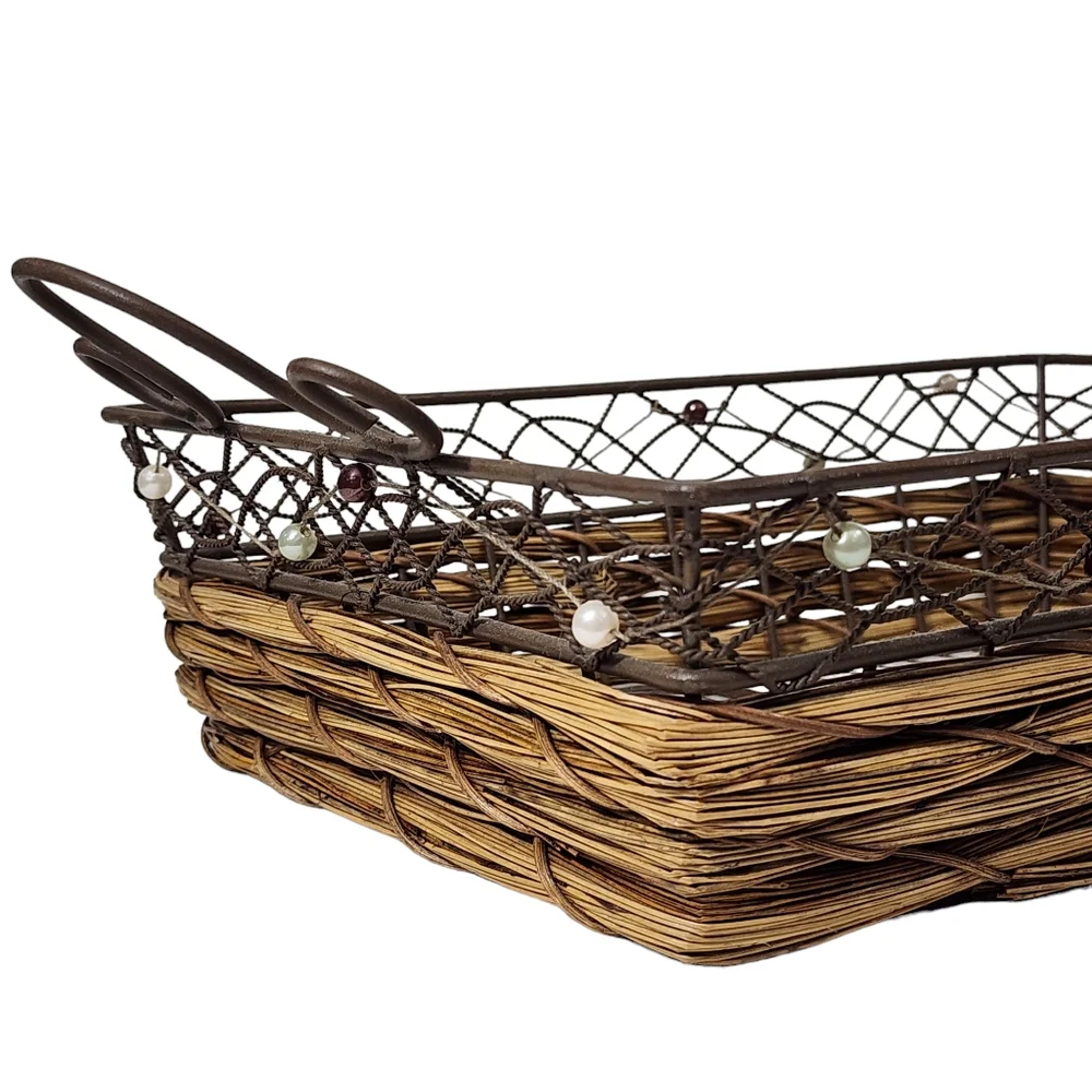 Rustic Rectangular‎ Woven Wicker Basket With Wire Handles and Frame